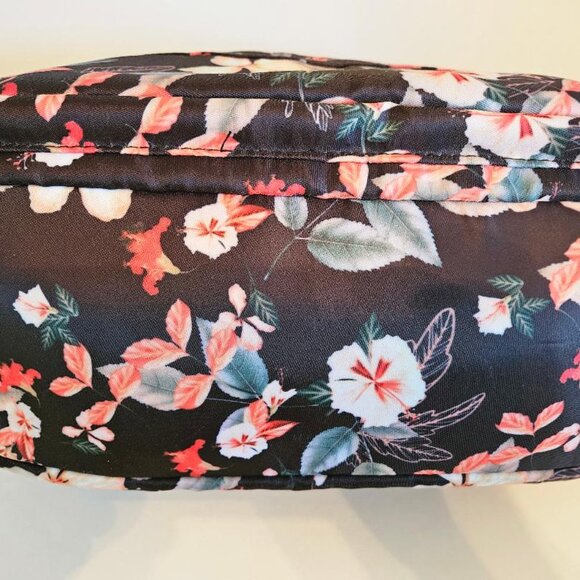 Black nylon w/ floral design shoulder bag w/ multiple pockets/compartments. - Picture 4 of 7